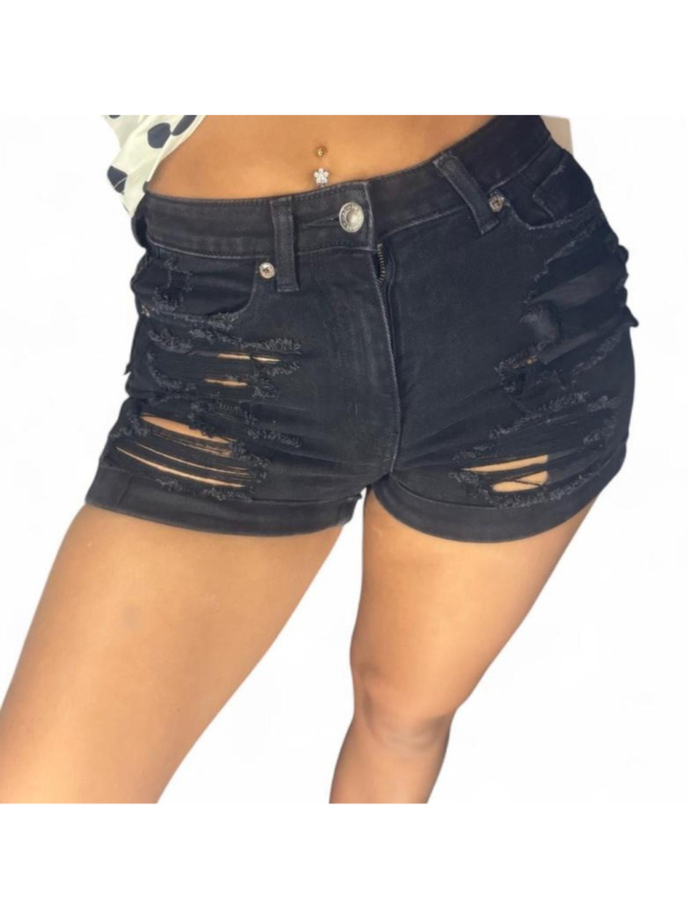 American Eagle black denim shorts with distressed rips, size 00 #distressed #den